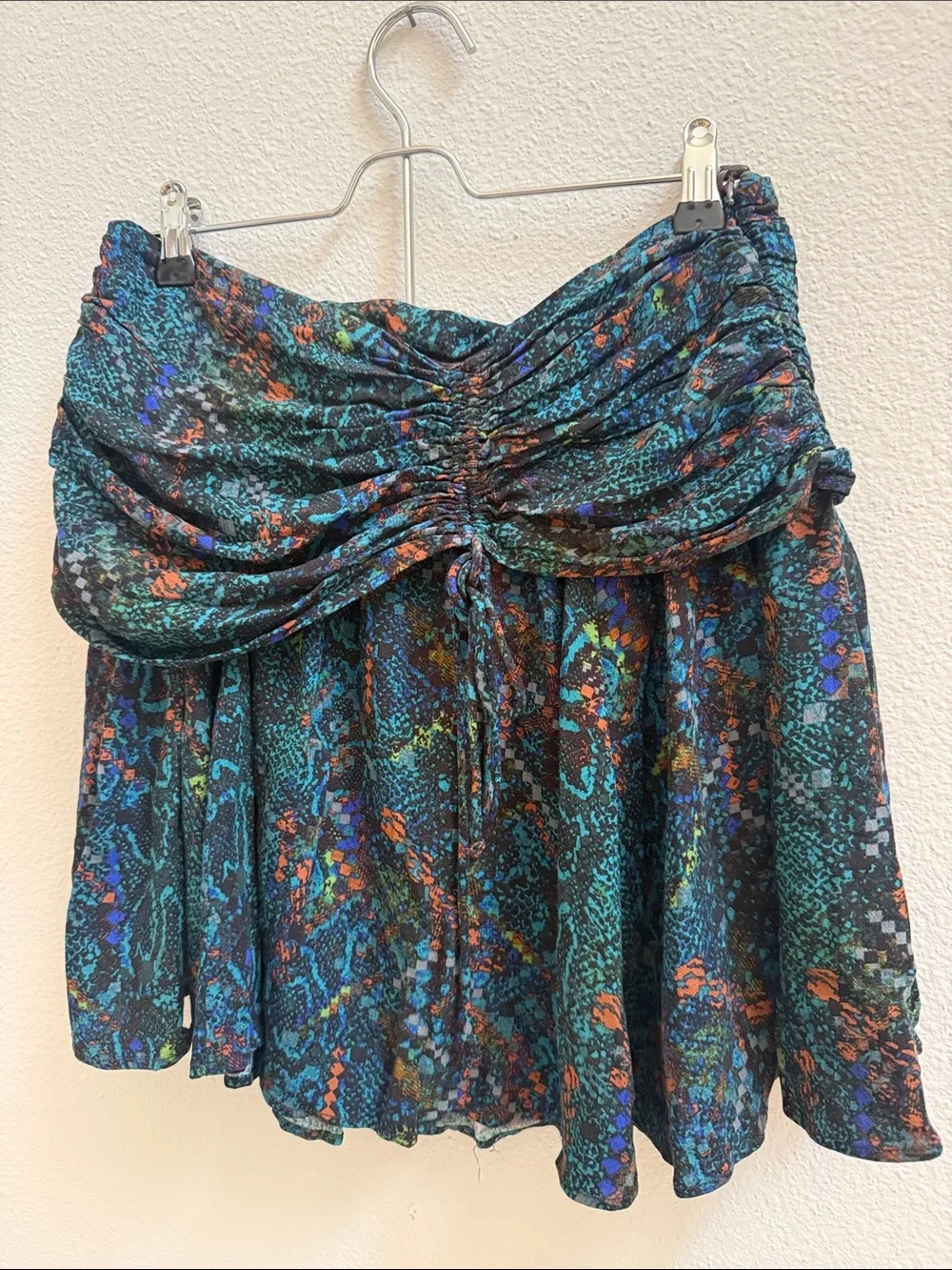 Free People Size 4 Ruched Mini Skirt Multicolor Abstract Print Drawstring Y2K